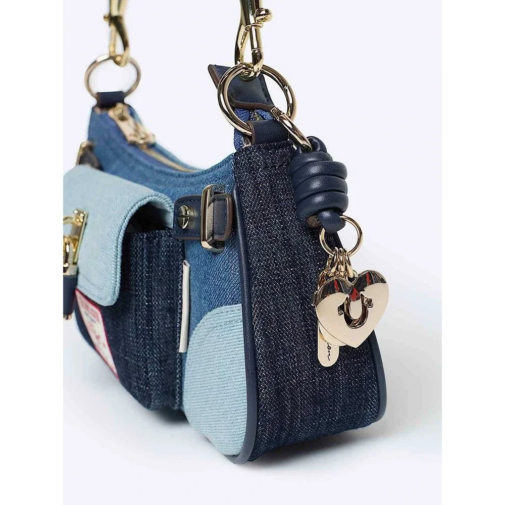 True Religion Patchwork Denim Shoulder Bag Y2K Mini Bag Blue Gold Hardware